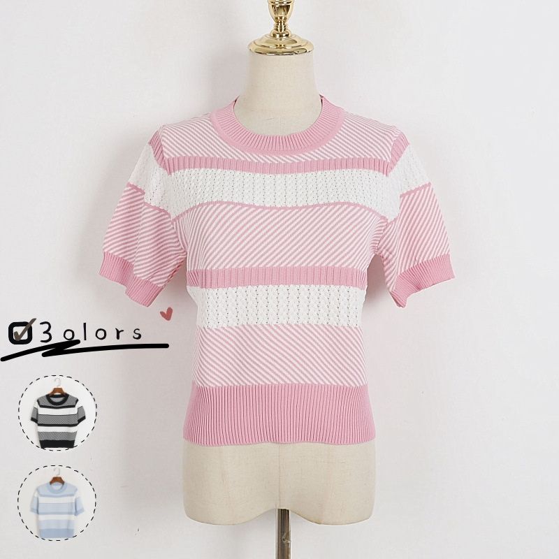 ニットTシャツ　ボーダーライン　夏セーター　ひんやりショートニット　半袖　韓国ファッション