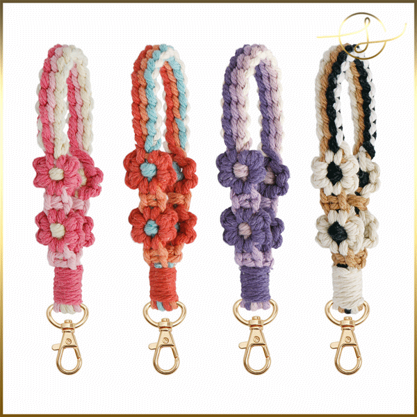 マクラメフラワーキーホルダー マホストラップ  配色手編み バッグチャーム キーリング 韓国