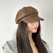 キャスケット　PUレザー　レディース帽子　韓国ファッション　デザイン　シンプル　全4色