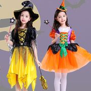 ハロウィン　魔女　仮装  ワンピース　子供服  大人 子供 コスプレ衣装  4点セット(90-160cm)