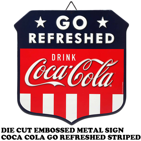 エンボス メタルサイン COCA COLA GO REFRESHED STRIPED 【コカコーラ