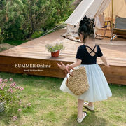 2色 夏の新作 女の子 背中の開いたドレス チュールスカート 子供服 バレエ メッシュドレス