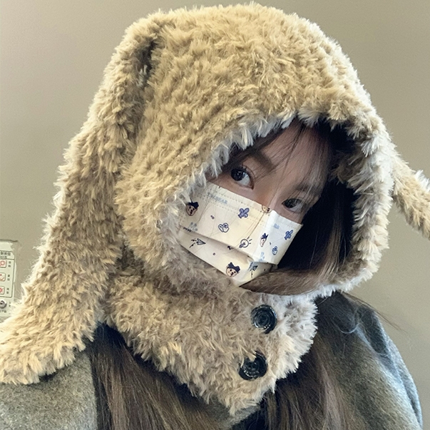 黒いバニー耳付き帽子 （noName!! ウサギ耳 手編み バラクラバ