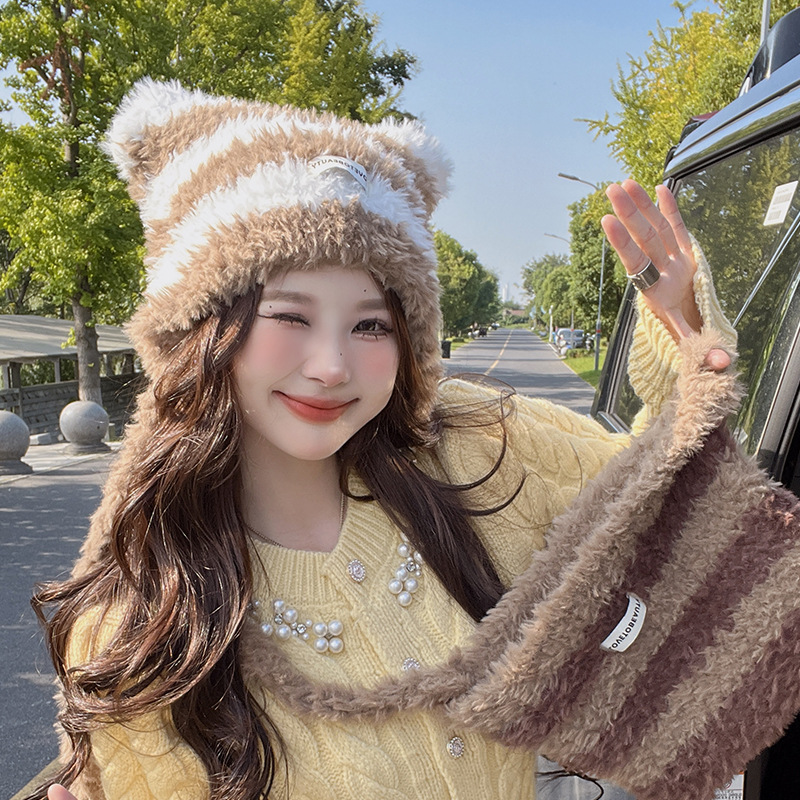 レディース帽子　猫耳　ニットキャップ　リボン付き　韓国ファッション　秋冬　かわいい