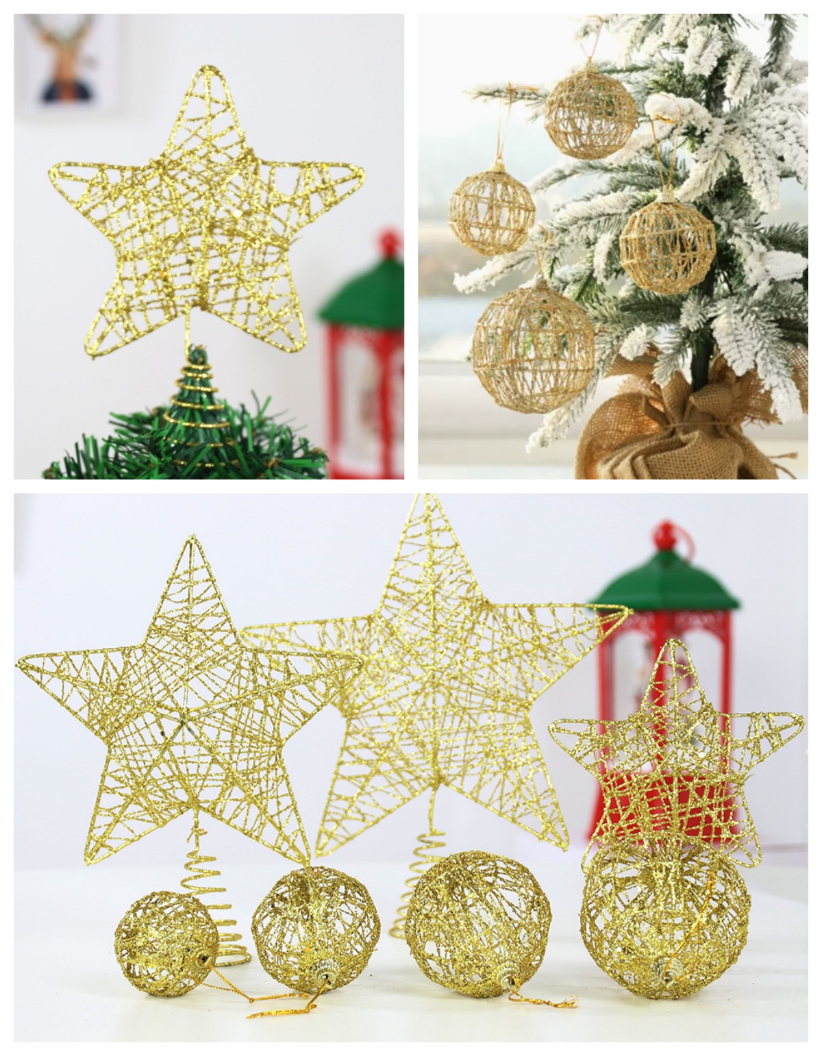 2023人気 クリスマスツリーの頂星金色の鉄の芸のきらめく粉の透かし彫りの星の針金の星の樹の頂飾り