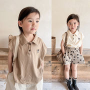 2色 夏の新作 子供服   韓国の子供服 男子と女子 刺繍 半袖 ポロシャツ 子供用Tシャツ