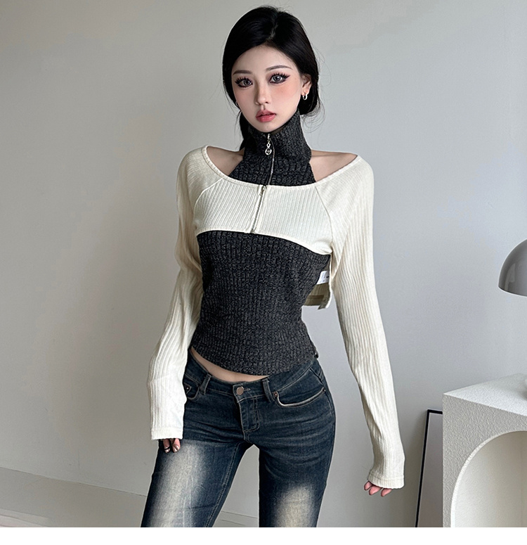 韓国大人気 デザイン  重ね着デザイン スリム トップス 長袖 tシャツ ニットベスト 2点セット