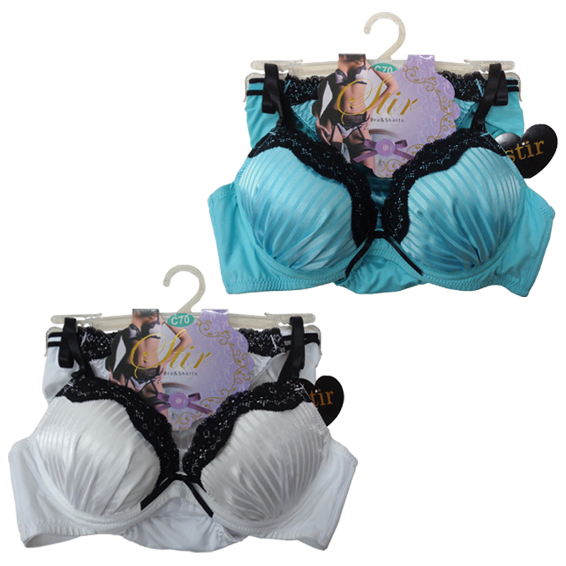 ★Ravijour★ストライプアクアブラショーツ★パンツ下着★ブラックレース★F 即納】ストライプサテン×ブラックレースブラジャー＆ショーツ