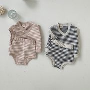 【秋服】韓国風子供服 ベビー服 チェック柄 ニットベスト＋短パン セットアップ
