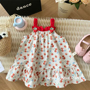 女の子 ストラップドレス 夏 韓国子供服 イチゴの花柄ドレ   いちご柄 ワンピース
