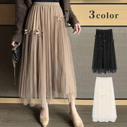 ロングスカート　チュールスカート　フレアスカート　リボン　韓国ファッション　3colors　