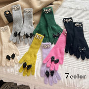 ストーン手袋　リボン　レディース　韓国ファッション　デザイン　秋冬 　全7色