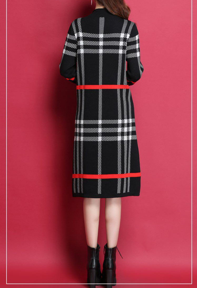 新品 ワンピース 黒 秋冬 長袖 チェック ナチュラル F 大きいサイズ