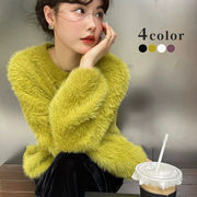 シャギーセーター　ニットトップス　デザイン　レディース　韓国ファッション　秋冬　4colors