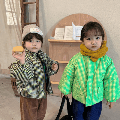 秋冬 ユニセックス 韓国風子供服 チェック柄 キルティング ジャケット 厚手 綿入れ上着 暖かく 80-150