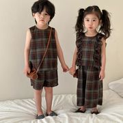 2024夏新作  韓国風子供服  ベビー服  チェック柄  セットアップ  ベスト  ショートパンツ  ロングパンツ