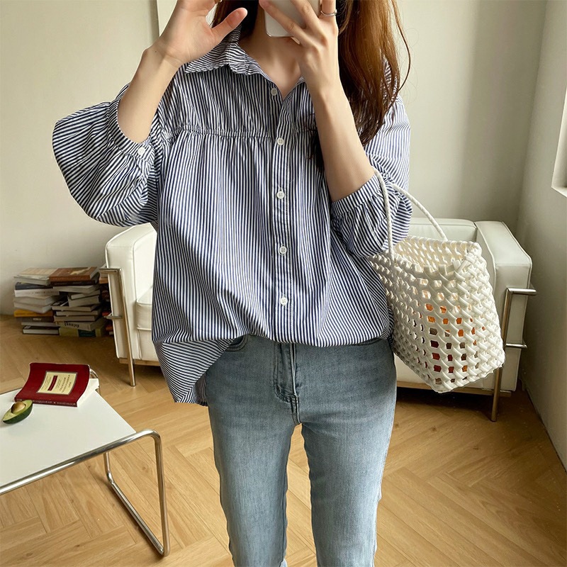 デザインシャツレディース薄手2024春秋韓国風パフスリーブ巾着七分袖ストライプシャツ