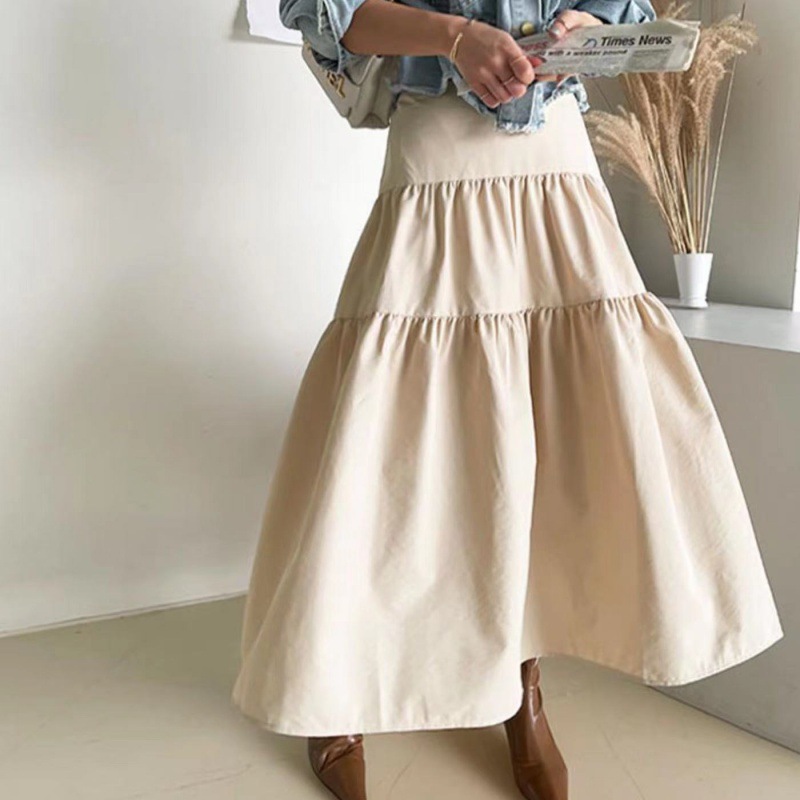 春夏の新作  韓国シックなハイウエストプリーツスカートミドル丈のパッチワークアンブレラスカート