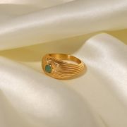18Kゴールド ステンレス 緑色の天然石 太陽の形をしたリング 指輪 レディースリング
