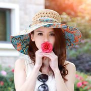 おしゃれな韓国版女性用通気性砂浜大庇麦わら帽子春夏の美しい花の日除け大沿防除ハンドメイド帽子