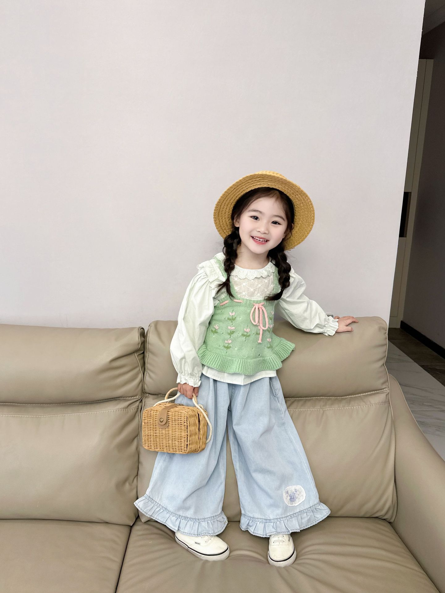 韓国風子供服 ベビー服 女の子  ニットベスト+ シャツ+ジーパン  3点セット   分けて販売 80-140cm
