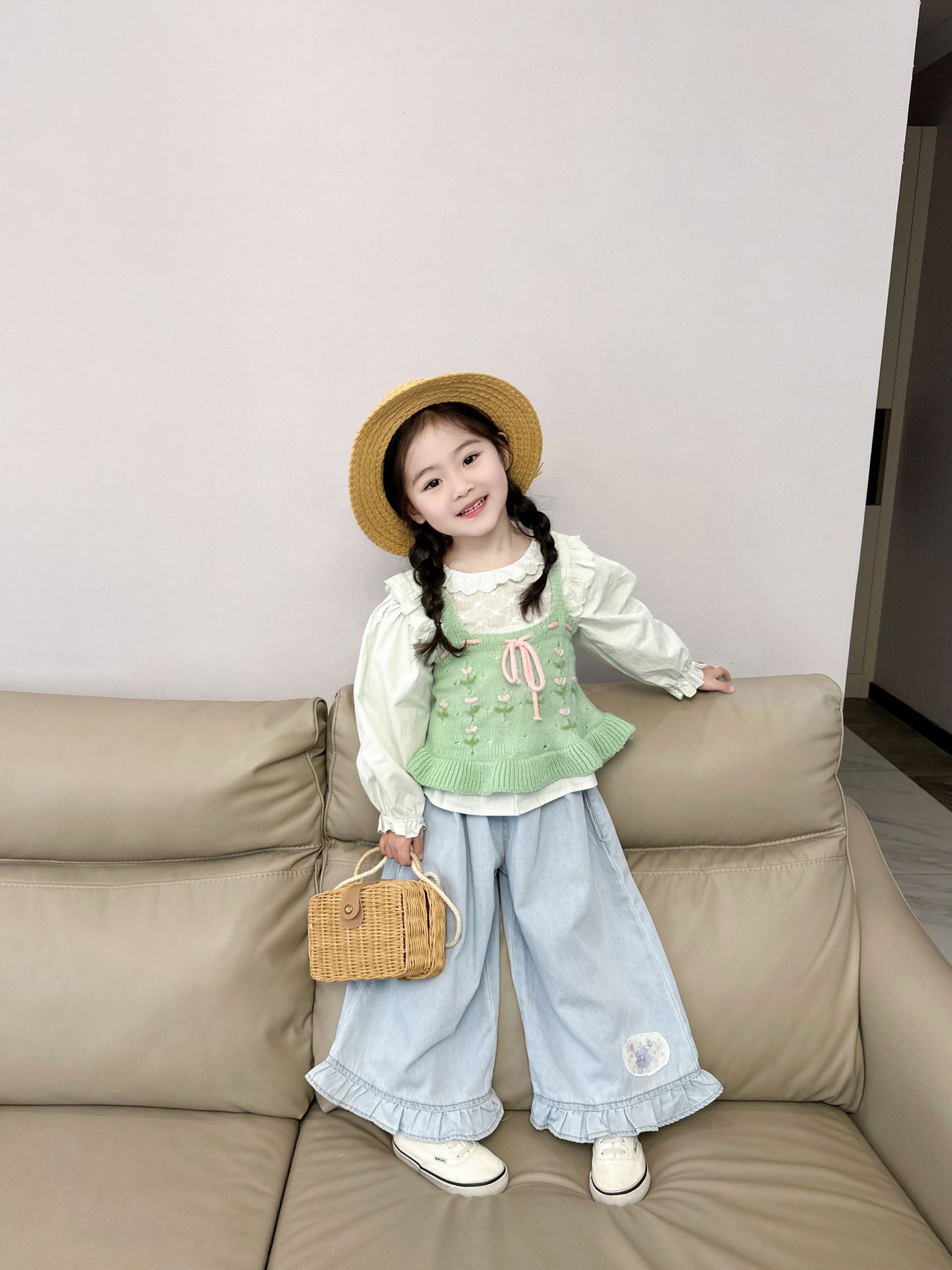 韓国風子供服 ベビー服 女の子 ニットベスト+ シャツ+ジーパン 3点