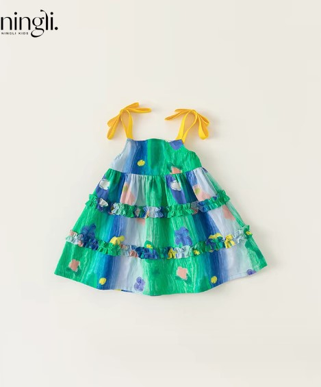 子供用のスカート キッズ 韓国子供服 ワンピース 2024夏新作 ワンピース お姫様のドレス 油絵風 90-140