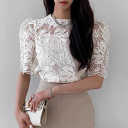 ブラウス　シャツ　半袖　レース　花　レディース　韓国ファッション　刺繍
