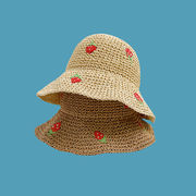 2色 いちご刺繍 麦わら帽子 レディース 夏 大きなつばの日よけ帽子 サンバイザー バケットハット