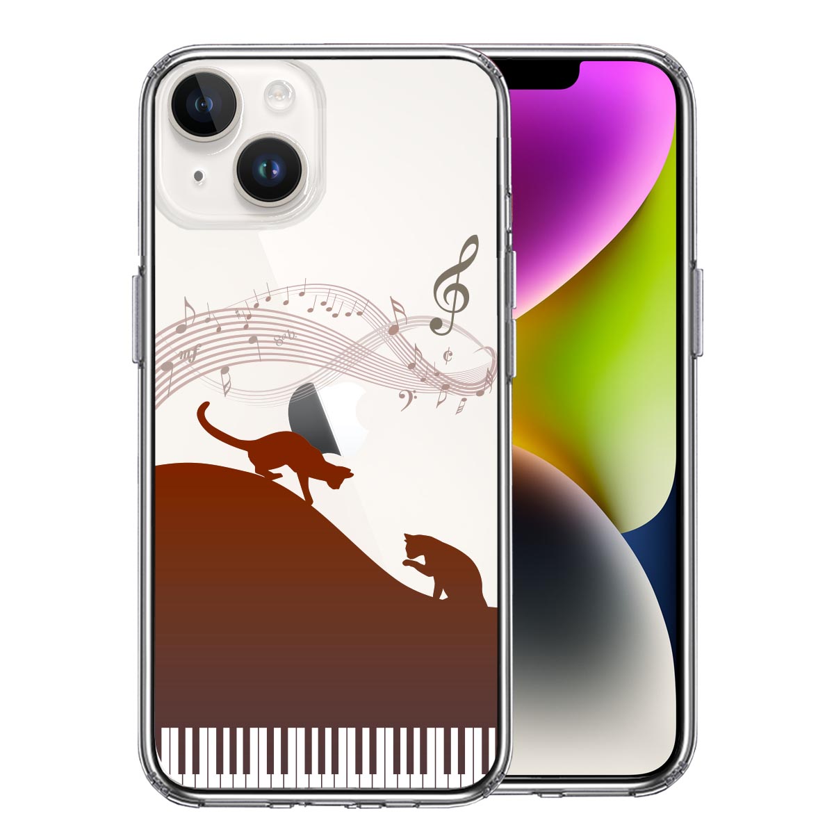 iPhone14 側面ソフト 背面ハード ハイブリッド クリア ケース ピアノ シルエット猫 ブラウン