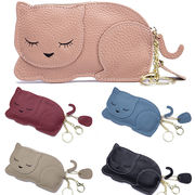 5色 可愛い 猫小銭入れ 本革 薄い  レディース財布 キーリング付き 猫雑貨