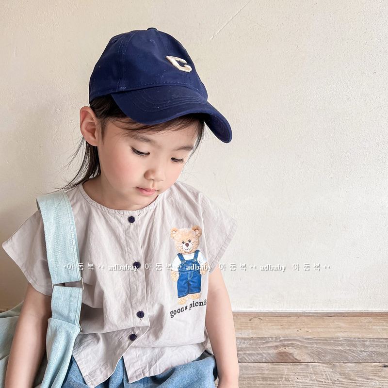 2024年子供服夏の新しいシャツ、女の子韓国漫画クマ柄リネン綿半袖、シャツ