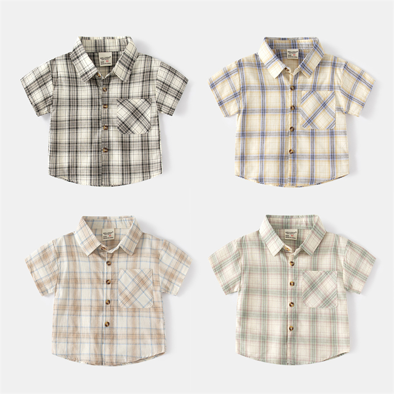 4色 シャツ  ボーイズ 半袖  韓国ファッションキッズ チェック柄のシャツ コットンシャツ