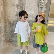 女の子の半袖、Tシャツ、2024年夏の新しい韓国の子供服、夏のスプリットTシャツ、子供用の無地のトップス