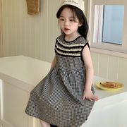 黒のチェック柄 ドレス 韓国子供服  夏新作  薄い  ワンピース    子供服