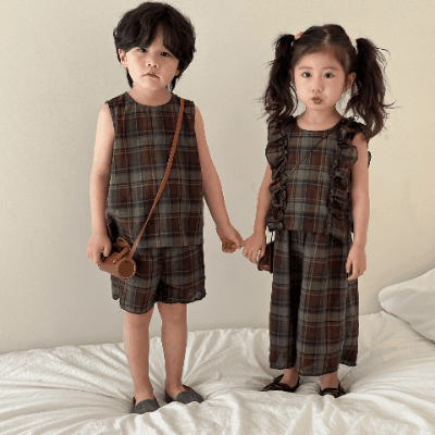 韓国風子供服 春夏 チェック柄 フリル トップス+ズボン　セット 80-150cm