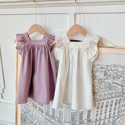 【2024春★新作】  子供用のフリル付きの白いスカート、純綿のドレス