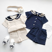 韓国子供服2024年夏の新しい男の子と女の子のネイビースタイルの綿とリネンの半袖ショーツスーツ