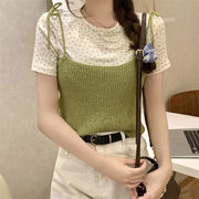 韓国スウィート編み込み小花柄半袖tシャツ有料韓国スウィートニット小キャミツーピーススーツt3045