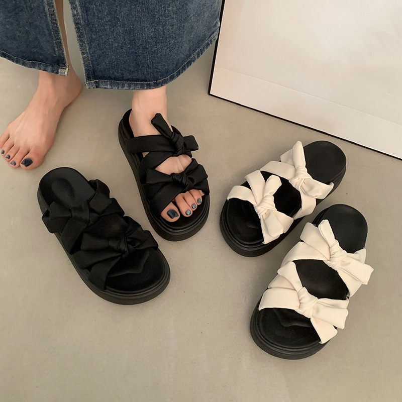 ●韓国大流行● TRIPLE RIBBON 厚底スリッパ_BLACK リボンサンダル スリッパ 厚底 デザイン 春夏 レディース 韓国