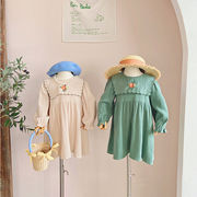 ins 春新作　女の子　刺繍　リネン　ワンピース　森ガール　子供服　可愛い　長袖ワンピース　春秋