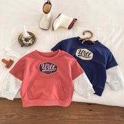 ins 秋新作　子供服　カジュアル　英字　トレーナー　トップス　切り替え　フェイクレイヤード　おしゃれ