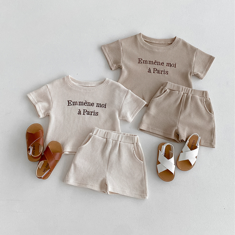 2024夏新作　ベビー服　ワッフル　セットアップ　Tシャツ　ショートパンツ　子供服　可愛い　おしゃれ