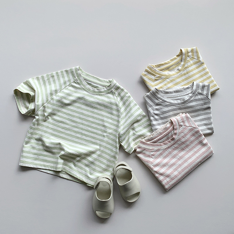 2024夏新作　子供服　半袖　Tシャツ　カジュアル　トップス　可愛い　ストライプ柄　柔らかい　男女兼用