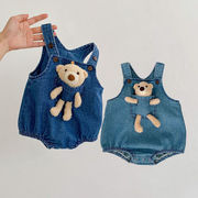全2色[66-100cm]  女の子男の子 デニムロンパース オールインワン 取り外し可能くま人形付き キッズ 子供服