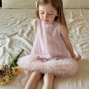 子供服　90~130cm　キッズワンピース　ノースリブ　チュール裾　韓国キッズ服