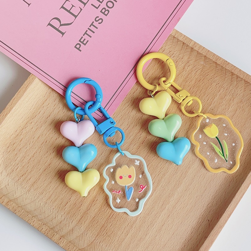 韓国風アクリル ハート型 チューリップフラワー キーホルダーかわいい