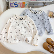 子供服　80~130cm　キッズTシャツ　リボン柄　レースネック　韓国キッズ服