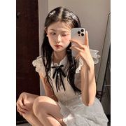 楽ちんなのにドキッとさせる  ワンピース ミニスカート 2024夏 蝶ネクタイ 小飛袖 ケーキスカート