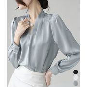 【日本倉庫即納】 サテン風シャツブラウス Vネックトップス